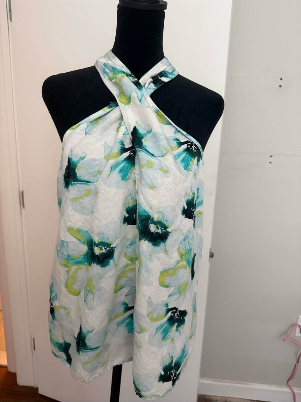 INC International Concepts White Halter Tank with Teal and Lime Floral Print